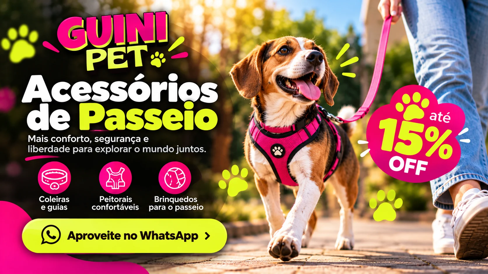 Promoção de acessórios de passeio da GuiniPet — coleiras, peitorais e guias